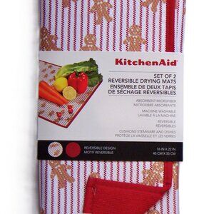 KitchenAid Set of 2 Reversible Drying Mats Gingerbread Man Red Stripes NIP